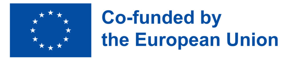 Europeiska unionens flagga med texten ”Medfinansierat av Europeiska unionen” i blått till höger om flaggan.