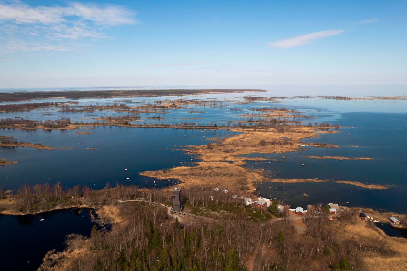 Flygfoto över ett översvämmat landskap med utspridda träd, fläckar av torr mark och flera byggnader nära vattenbrynet under en delvis molnig himmel.