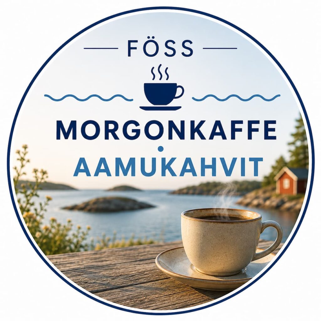 En rykande kopp kaffe står på ett träbord vid en sjö med öar och en röd stuga; rund etikett med text på svenska och finska.